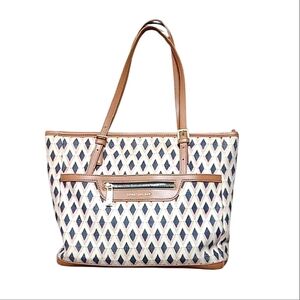 Spartina 449 Tote Bag Tan Blue Pink Linen Diamond Print Leather Trim Zip Top